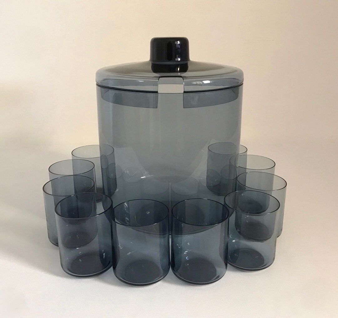 Retro 1970s Blue Glass Punch Bowl Set, Lidded Punch Bowl, 10 Matching Tumblers, Mid Century