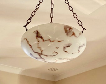 Genuine Art-Deco Pendant Light Shade, Marbled Glass, Flycatcher / Plafonnier / Hanging Glass Bowl Ceiling Light, Original Hooks & Chains