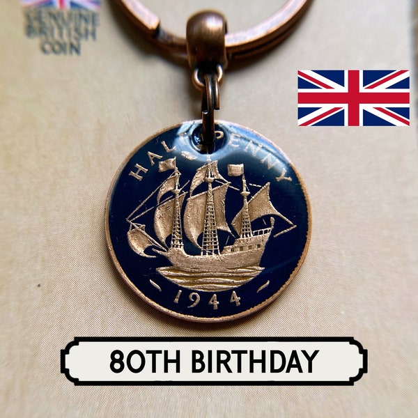 80th Birthday Idea / 1944 Half Penny Keyring / King George 6th / Painted Coin / The Golden Hind / 80th Gift / Britain / British Coin /