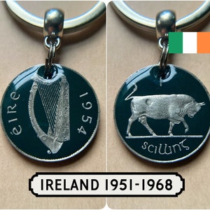 Old Irish Coin Keyring / Shilling / Bull & Harp / Taurus / 1951 1954 1959 1962 1963 1964 1966 1968 /Painted Coin Keyring / Ireland / Éire