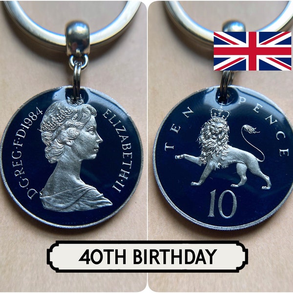 40th Birthday Gift / 1984 British Coin Keyring / 50th Anniversary / Queen Elizabeth II / 10p Painted Coin / Britain / Lion / Painted Coin