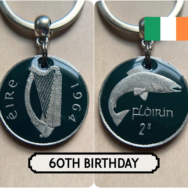 Regalo de cumpleaños 60 / Llavero irlandés de 1964 / Florín irlandés antiguo / Salmón y arpa / 60 aniversario / Eire / Moneda pintada de verde / Irlanda