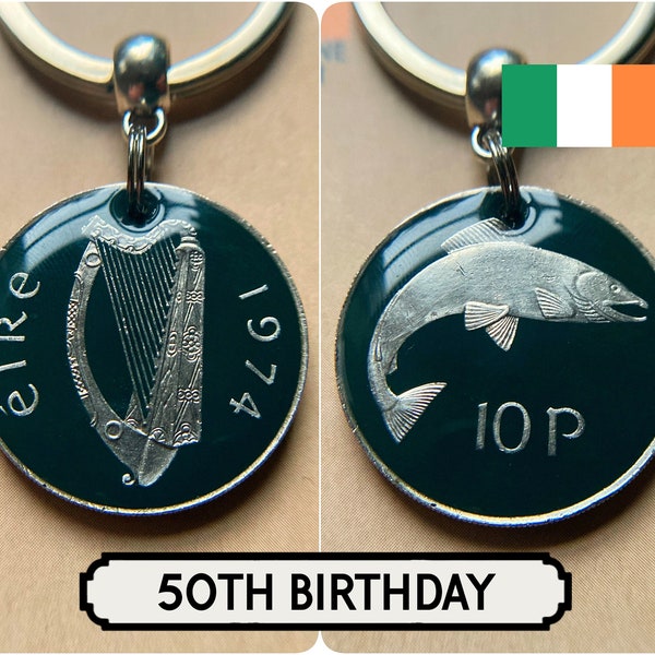 50th Birthday Idea / 1974 Irish Coin Keyring / Harp & Salmon / Ireland Eire / Fiftieth Gift Idea / 50th Anniversary / Present Idea