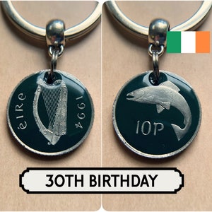 30th Birthday Gift / 1994 Irish Penny Coin Keyring / 30th Anniversary / Painted Irish Coin Keyring / Bird & Harp / Ireland / Eire image 1