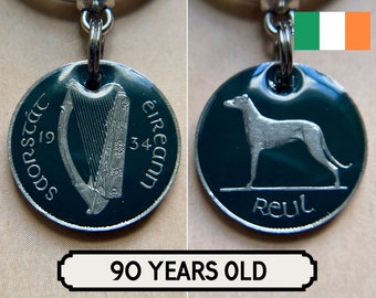90th Birthday Idea / 1934 Irish Coin Keyring / Greyhound & Harp / Old Sixpence Coin / Painted Coin Keyring / Painted Green / Ireland Gift