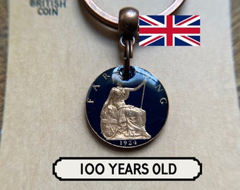 1924 British Coin Keyring / George 5th / 100 Years Old / 1924 Farthing / Antique Coin Keyring / Painted Coin / UK / British Coin