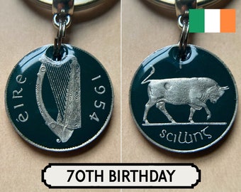 70th Birthday Idea / 1954 Shilling Keyring / Old Irish Coin / Pre-Euro Currency / Eire / Ireland / Painted Irish Coin / Bull & Harp / Taurus