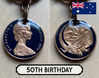 50th Birthday Idea / 1974 Australian 2p Coin Keyring / Queen Elizabeth II / Australia / Lizard / Penny Keyring / Gift Idea