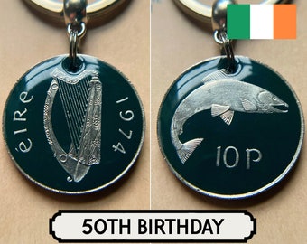 50th Birthday Idea / 1974 Irish Coin Keyring / Harp & Salmon / Ireland Eire / Fiftieth Gift Idea / 50th Anniversary / Present Idea