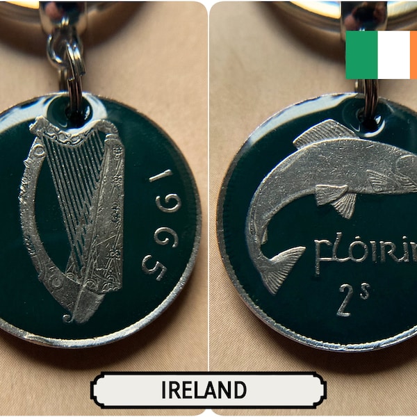 Old Irish Florin Keyring / Salmon & Harp / 1951 1954 1955 1959 1961 1962 1963 1964 1965 1966 1968 / Painted Coin / Eire Ireland / Irish Coin