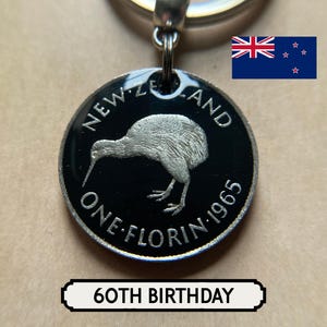 60th Birthday Idea / 1965 Kiwi Coin Keyring / Queen Elizabeth II / New Zealand Florin  / All Blacks Rugby / Painted Coin Keyring / NZ Coin