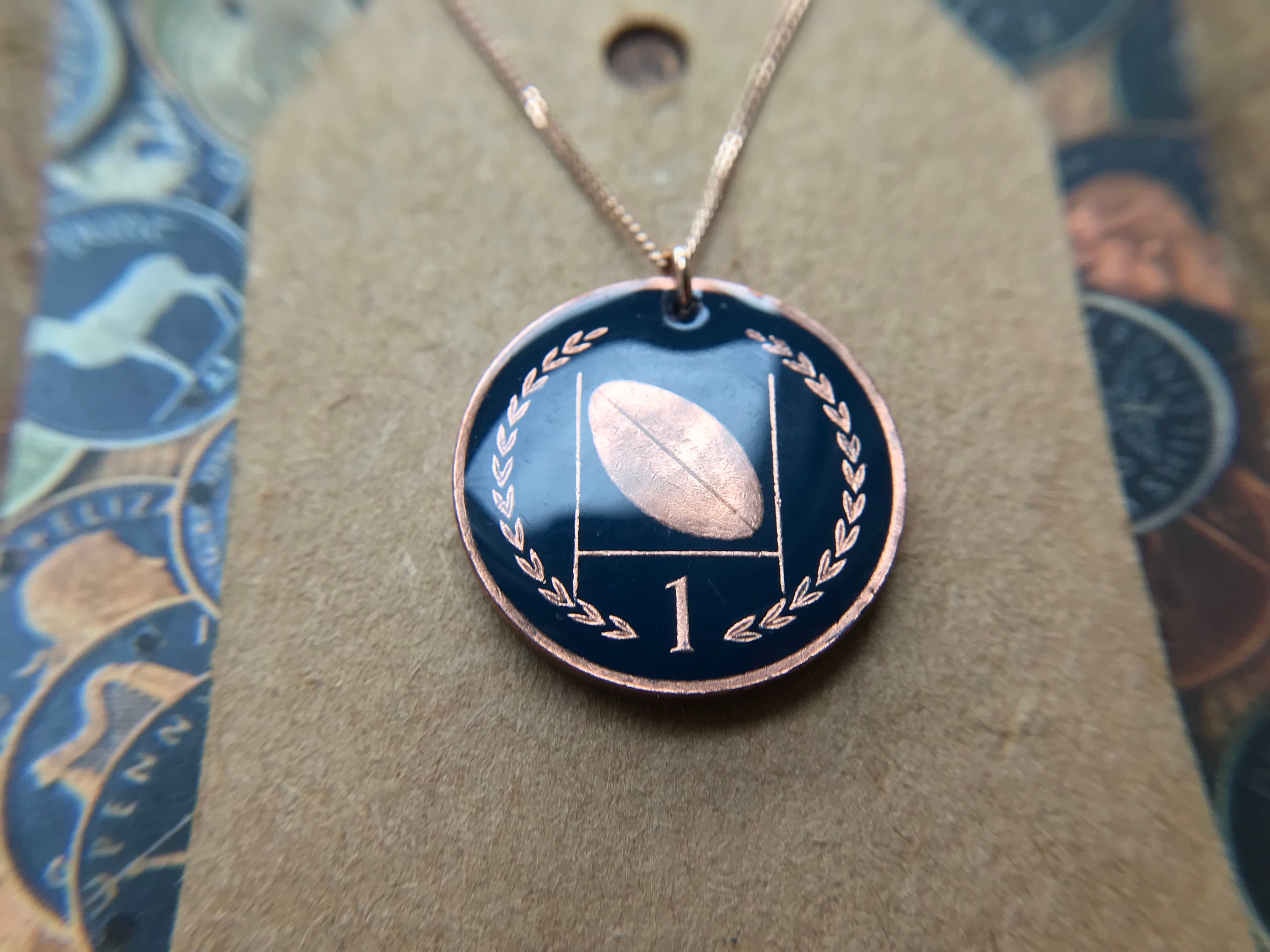 Rugby Ball Necklace One Penny Coin Queen Elizabeth Rose Etsy