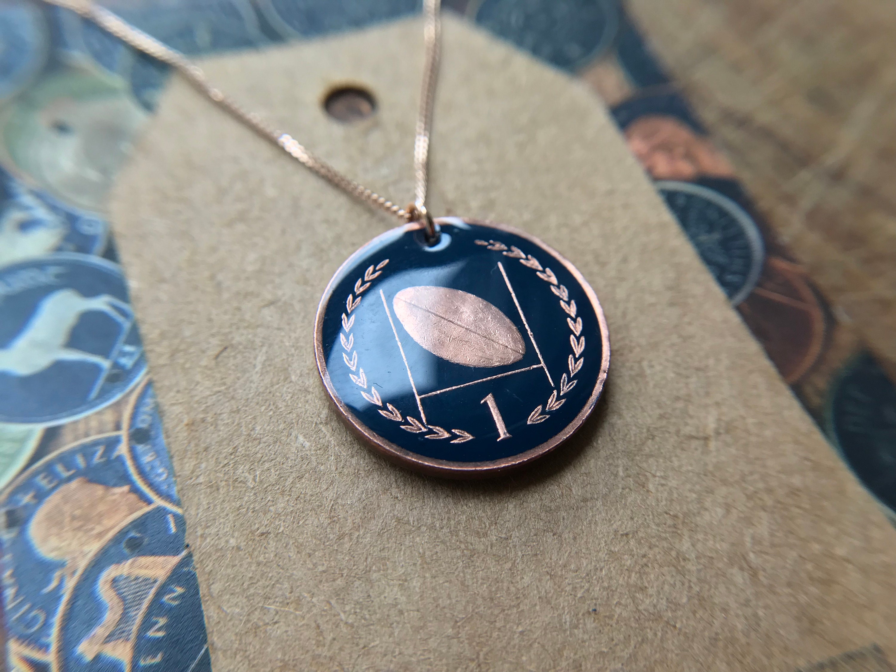 Rugby Ball Necklace One Penny Coin Queen Elizabeth Rose Etsy