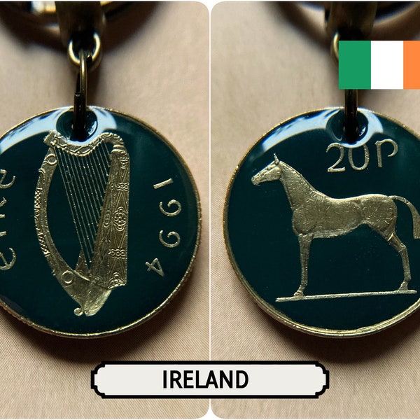 Irish 20p Coin Keyring / Horse & Harp / 1986 1988 1992 1994 1995 1996 1998 1999 2000 / Painted Coin Keyring / Eire / Gift Idea / Ireland
