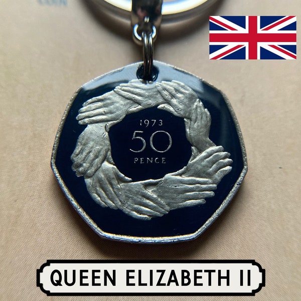 1973 British 50p Keyring / Queen Elizabeth II / EEC Membership / Painted Coin Keyring / The Queen / Europe Brexit