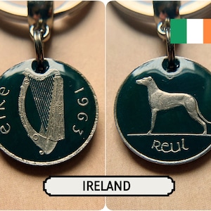 Portachiavi Lucky Silver Sixpence / Moneta irlandese antica dipinta / Levriero irlandese e arpa / 1960 1961 1962 1963 1964 1966 1967 1968 / Wolfhound