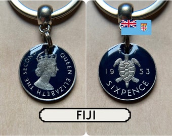 Old Sixpence Fiji Keyring / Queen Elizabeth II / King George 6th / Painted Fiji Coin / 80th Anniversary / Turtle Fiji 6d / 1943 1953 1962