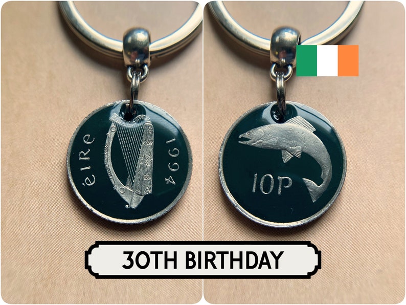 30th Birthday Gift / 1994 Irish Penny Coin Keyring / 30th Anniversary / Painted Irish Coin Keyring / Bird & Harp / Ireland / Eire image 1