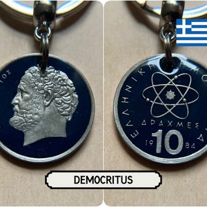 10 Greek Drachma Keyring / Democritus the Philosopher / Painted Coin Keyring / The Atom / Greece / Greek Coin / Pre-Euro Currency