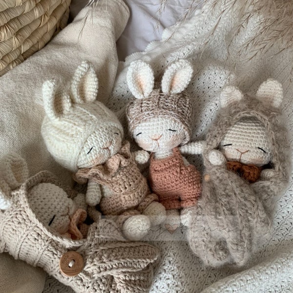 Baby Cake Bunny Crochet Pattern * Amigurumi * Crochet Bunny - Instructions + Baby Sleeping Bag, Beanie, Pixie, Overalls German & English *PDF* ©