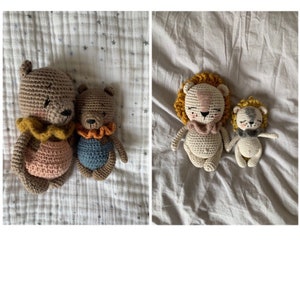 May include: Two crocheted teddy bears and two crocheted lion plushies. The teddy bears are brown and cream with orange and blue accents. The lions are cream with yellow and orange accents.