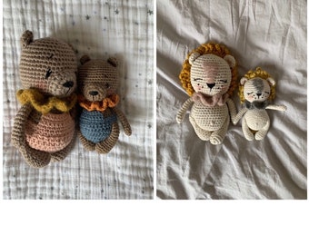 May include: Two crocheted teddy bears and two crocheted lion plushies. The teddy bears are brown and cream with orange and blue accents. The lions are cream with yellow and orange accents.