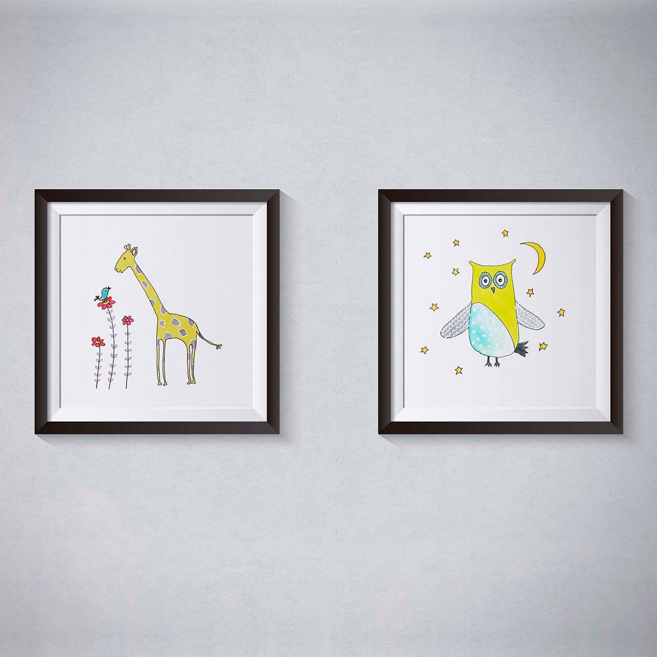 Pen and Ink Illustration Yellow Starry Owl & Giraffe Art Print Set of 2