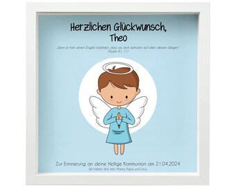 Geldgeschenk "Engel" zur Kommunion / Konfirmation / Firmung / Taufe in blau-weiß 3D-Rahmen als Gastgeschenk von Patin & Paten Spruch Widmung