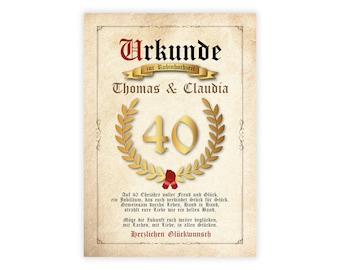 Personalisiertes Bild "URKUNDE - RUBINHOCHZEIT" zum Hochzeitstag 40 Jahre Hochzeitsurkunde, Geschenk Gastgeschenk Geschenkidee Jubiläum