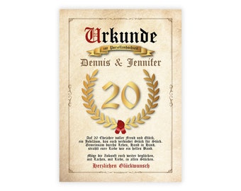 Personalisiertes Bild "URKUNDE - PORZELLANHOCHZEIT" zum Hochzeitstag 20 Jahre Hochzeitsurkunde, Geschenk Gastgeschenk Geschenkidee Jubiläum