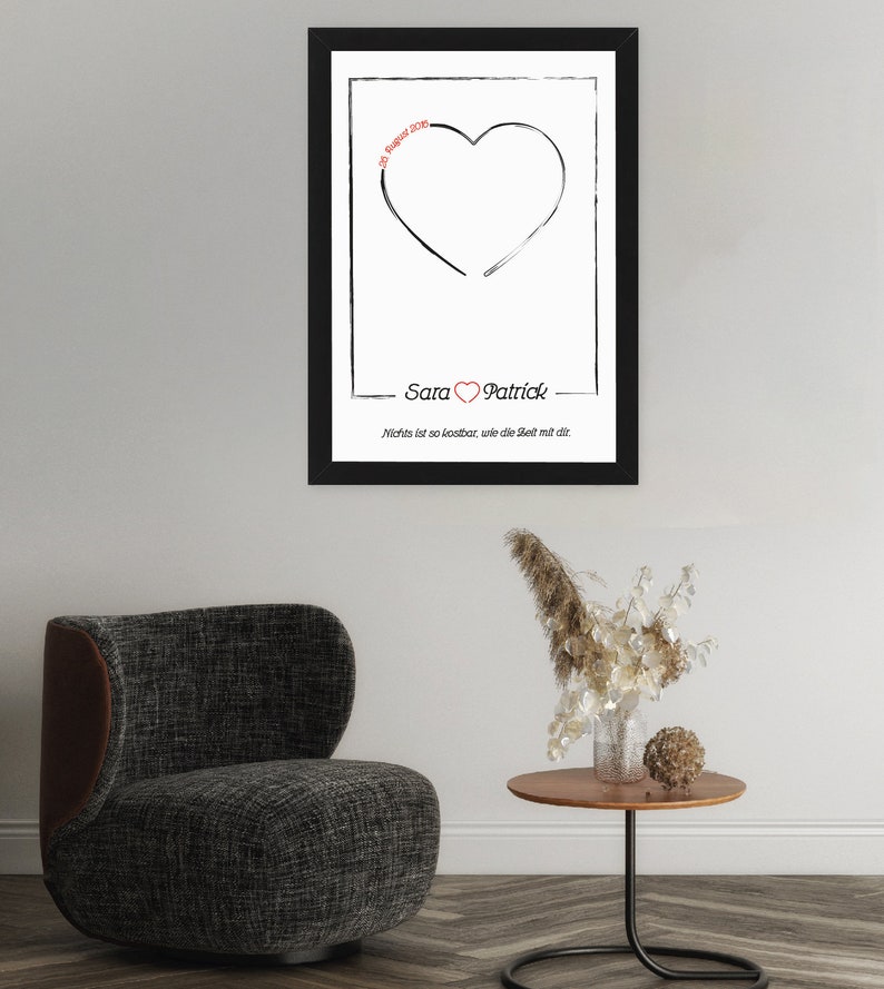 Bild Herz mit euren Namen, Datum und Widmung Rahmen als Geschenk Hochzeit Jahrestag Valentinstag tolle Dekoration Deko Gastgeschenk Bild 7