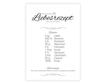 Personalized picture "LOVE RECIPE" white with your names for engagement newlyweds anniversary birthday wedding love relationship