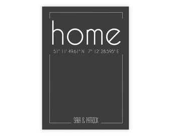 Personalisierte Koordinaten Poster „home“ „familie“ „leben“ „zuhause“ in anthrazit eure Koordinaten & Namen zum Umzug als Geschenk Richtfest