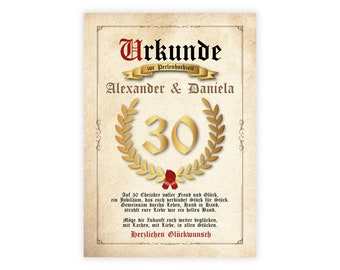 Personalisiertes Bild "URKUNDE - PERLENHOCHZEIT" zum Hochzeitstag 30 Jahre Hochzeitsurkunde, Geschenk Gastgeschenk Geschenkidee Jubiläum