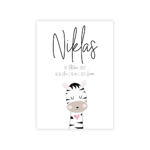 Personalisiertes Geburtsposter "ZEBRA mit Herz" Geburt Schwangerschaft Baby Geburtsdaten Mädchen Taufe Kinderzimmer Deko Tiermotive