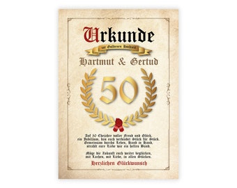 Personalisiertes Bild "URKUNDE - GOLDENE HOCHZEIT" zum Hochzeitstag 60 Jahre Hochzeitsurkunde, Geschenk Gastgeschenk Geschenkidee Jubiläum