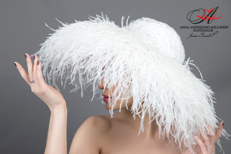 Designer hat from ostrich feathers White silk Etsy