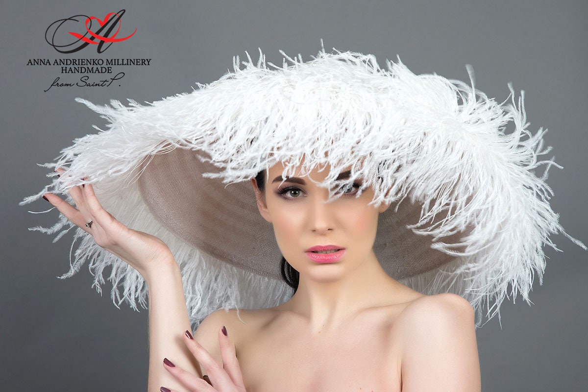 Designer hat from ostrich feathers White silk Etsy