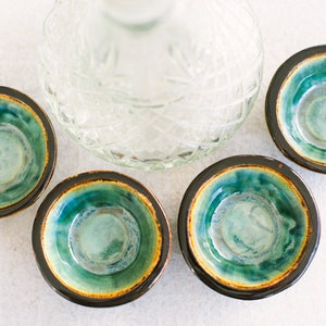 2 oz  "Green Seas" colored ceramic Mezcal de Copitas. Set of 4