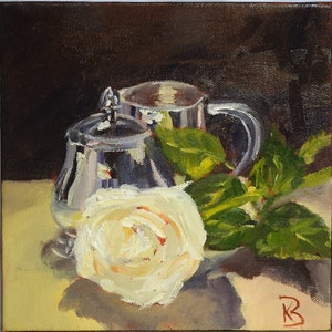 Original oil painting, White rose and silver pitcher still life on stretched canvas.  Small oil painting