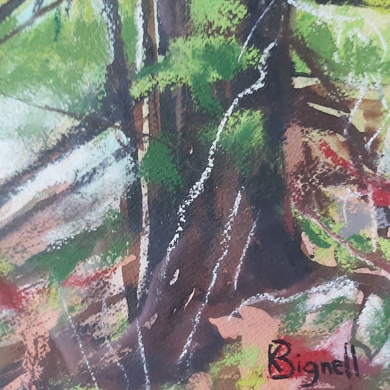 May include: A close-up of a painting depicting a forest scene with green foliage and a brown tree trunk. The artist's signature, "Bignell", is visible in the bottom right corner.