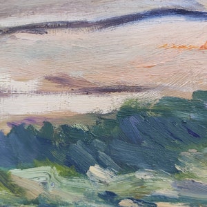 May include: Abstract painting with a landscape scene. The sky is painted in shades of blue, white, and orange. The foreground is a field of green and blue brushstrokes.