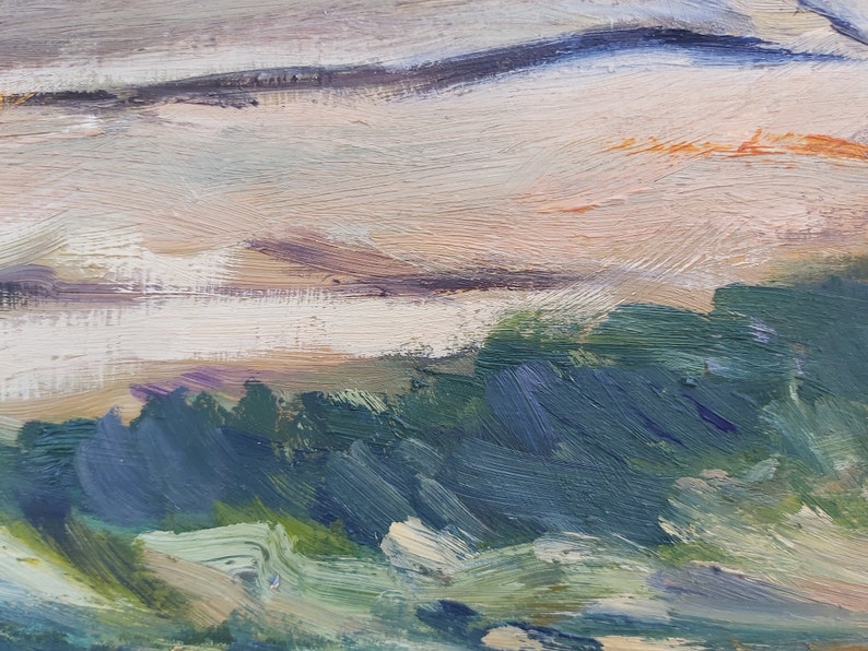 May include: Abstract painting with a landscape scene. The sky is painted in shades of blue, white, and orange. The foreground is a field of green and blue brushstrokes.