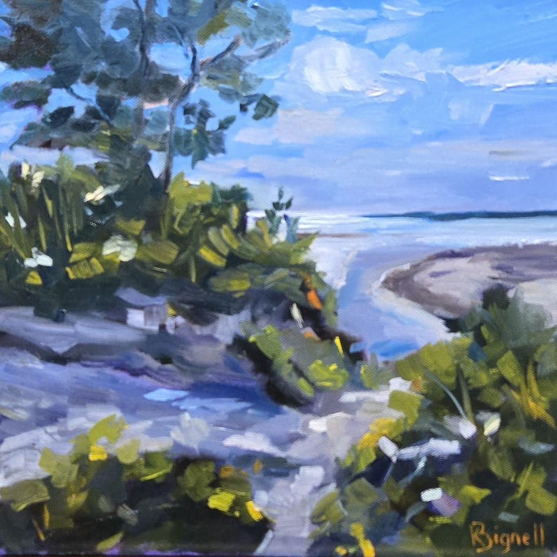 K&ouml;nnte beinhalten: Ein Gem&auml;lde, das eine K&uuml;stenlandschaft mit Blick auf einen Fluss zeigt, der ins Meer m&uuml;ndet. Das Gem&auml;lde ist in einem lockeren, impressionistischen Stil mit leuchtenden Blaut&ouml;nen, Gr&uuml;nt&ouml;nen und Gelbt&ouml;nen gehalten. Die Unterschrift des K&uuml;nstlers, "Bignell", ist in der unteren rechten Ecke sichtbar.