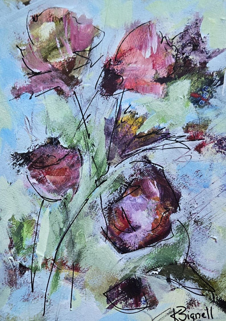 Pu&ograve; includere: Un dipinto astratto con pennellate espressive di fiori rosa, rosso scuro e viola su uno sfondo azzurro e verde pallido. L'opera include linee scure e sottili simili a inchiostro che definiscono le forme floreali ed &egrave; firmata Bignell.