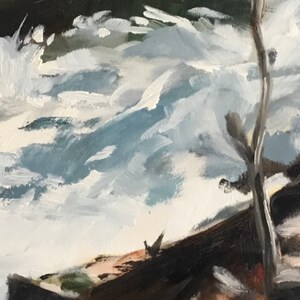 May include: An oil painting depicting a seascape with crashing waves. The artwork features a palette of blues, whites, and browns, with visible brushstrokes creating texture. A tree trunk is visible on the right side of the painting.