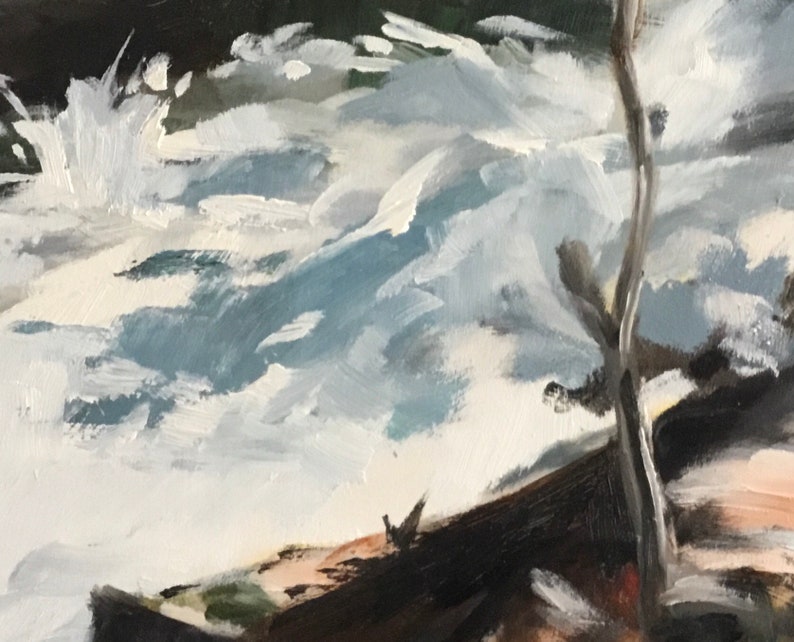 May include: An oil painting depicting a seascape with crashing waves. The artwork features a palette of blues, whites, and browns, with visible brushstrokes creating texture. A tree trunk is visible on the right side of the painting.