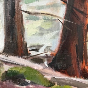 May include: A painting of two large trees in a forest setting. The trees are painted in shades of brown and red, with a hint of green foliage in the background. The painting has a textured, brushstroke style.