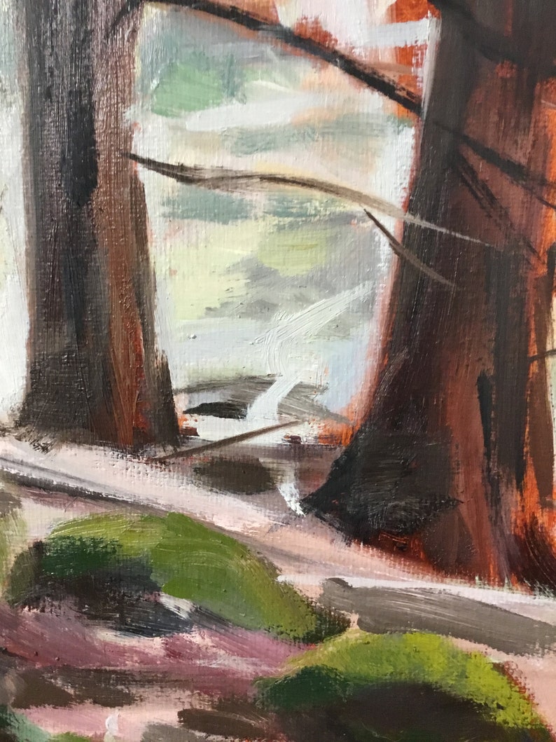 May include: A painting of two large trees in a forest setting. The trees are painted in shades of brown and red, with a hint of green foliage in the background. The painting has a textured, brushstroke style.