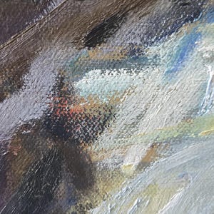 May include: Abstract oil painting with visible brushstrokes. The artwork features a palette of browns, whites, blues, and touches of red and yellow. The textured surface suggests a landscape or natural scene.
